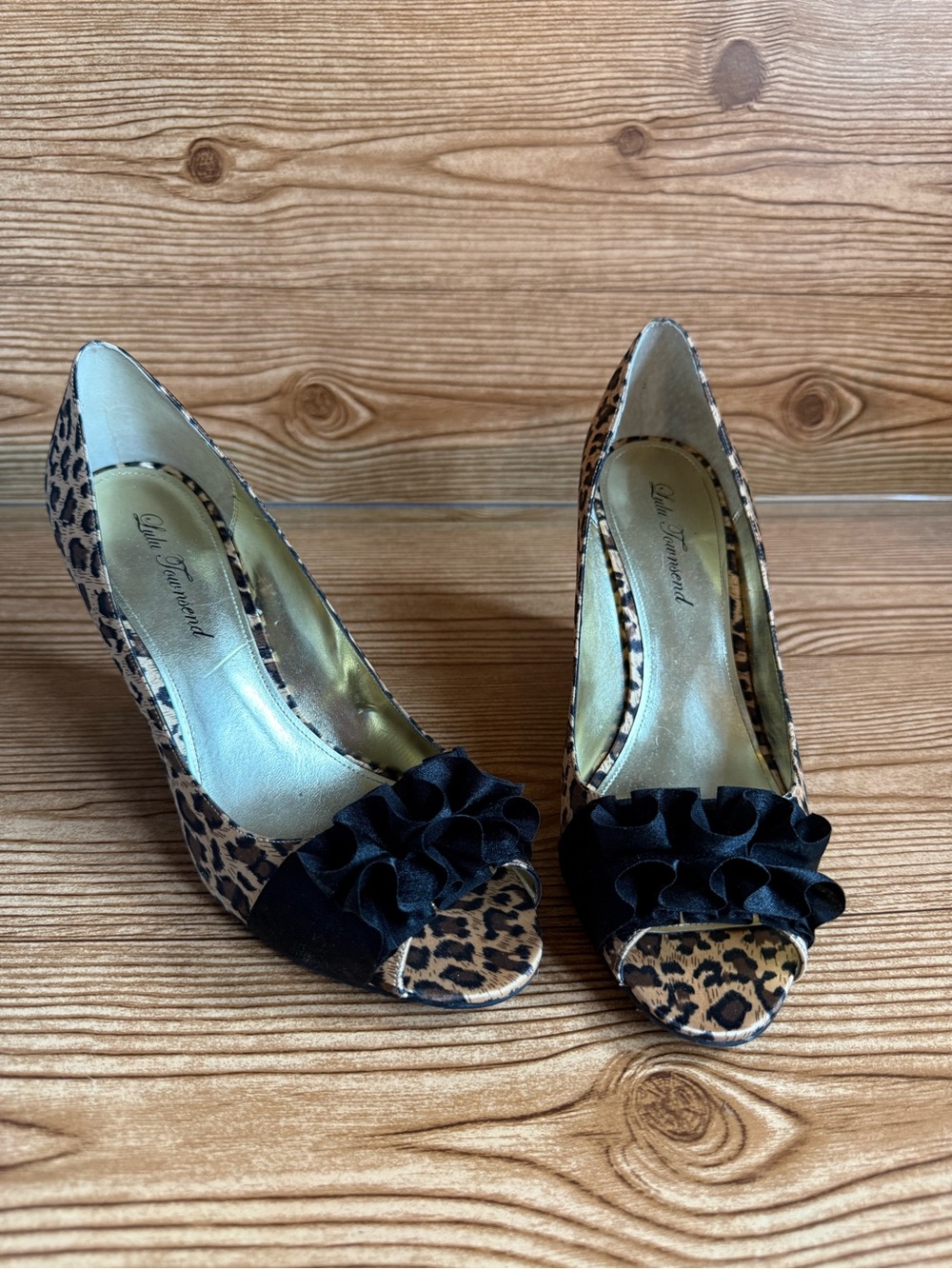 Lulu Townsend Leopard Peep-Toe Heels with Black Ruffle